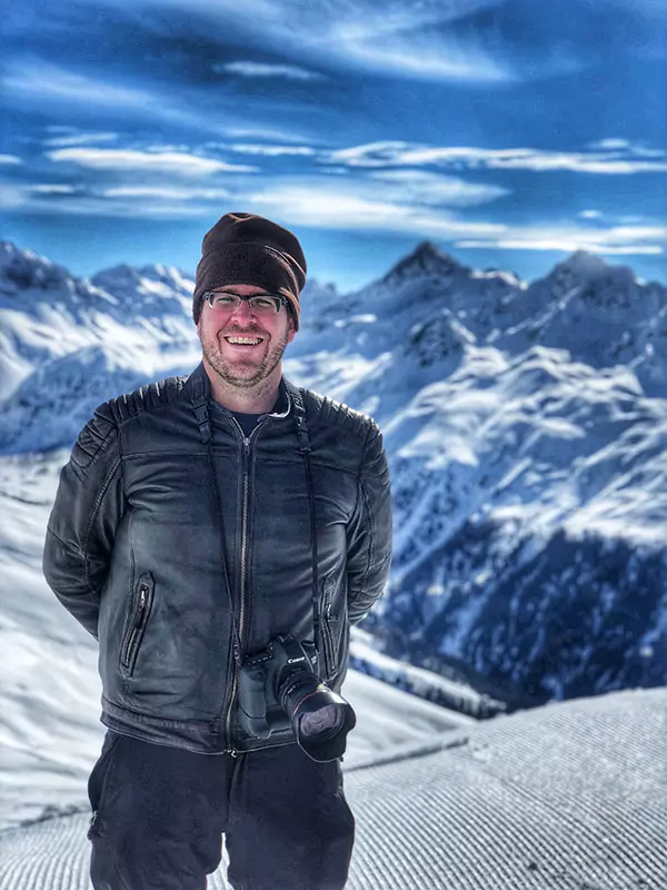 Photographer Greg Brown on the mountain in Davos, Switzerland